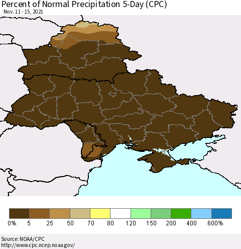 Ukraine, Moldova and Belarus Percent of Normal Precipitation 5-Day (CPC) Thematic Map For 11/11/2021 - 11/15/2021