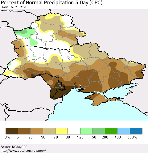 Ukraine, Moldova and Belarus Percent of Normal Precipitation 5-Day (CPC) Thematic Map For 11/16/2021 - 11/20/2021