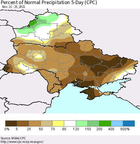 Ukraine, Moldova and Belarus Percent of Normal Precipitation 5-Day (CPC) Thematic Map For 11/21/2021 - 11/25/2021