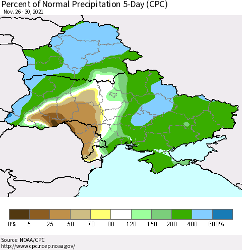 Ukraine, Moldova and Belarus Percent of Normal Precipitation 5-Day (CPC) Thematic Map For 11/26/2021 - 11/30/2021
