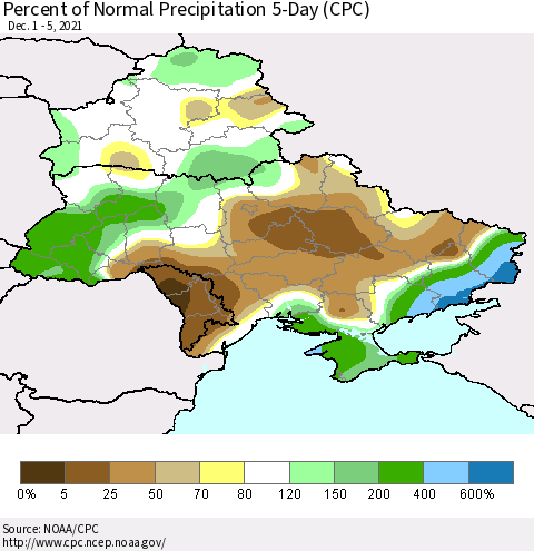 Ukraine, Moldova and Belarus Percent of Normal Precipitation 5-Day (CPC) Thematic Map For 12/1/2021 - 12/5/2021