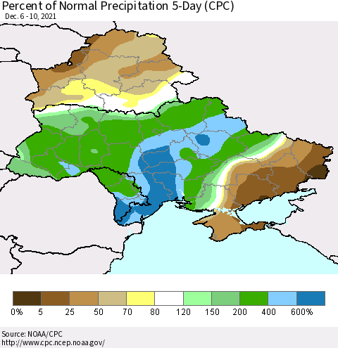 Ukraine, Moldova and Belarus Percent of Normal Precipitation 5-Day (CPC) Thematic Map For 12/6/2021 - 12/10/2021