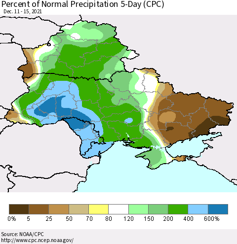 Ukraine, Moldova and Belarus Percent of Normal Precipitation 5-Day (CPC) Thematic Map For 12/11/2021 - 12/15/2021