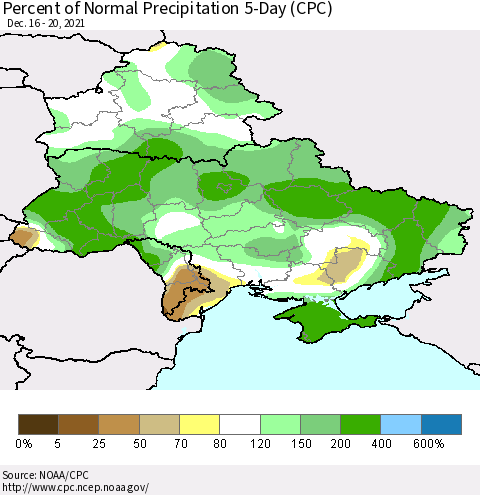 Ukraine, Moldova and Belarus Percent of Normal Precipitation 5-Day (CPC) Thematic Map For 12/16/2021 - 12/20/2021