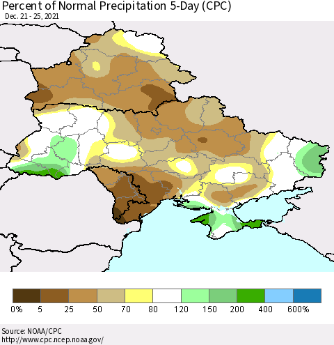 Ukraine, Moldova and Belarus Percent of Normal Precipitation 5-Day (CPC) Thematic Map For 12/21/2021 - 12/25/2021