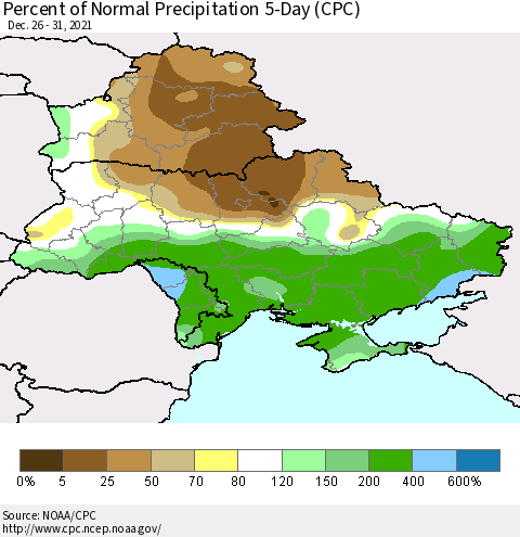 Ukraine, Moldova and Belarus Percent of Normal Precipitation 5-Day (CPC) Thematic Map For 12/26/2021 - 12/31/2021