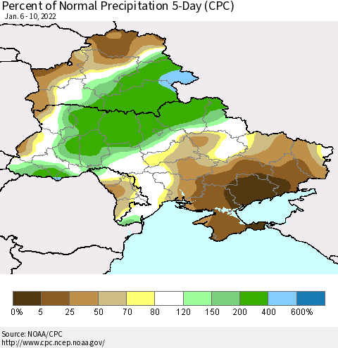 Ukraine, Moldova and Belarus Percent of Normal Precipitation 5-Day (CPC) Thematic Map For 1/6/2022 - 1/10/2022