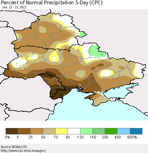 Ukraine, Moldova and Belarus Percent of Normal Precipitation 5-Day (CPC) Thematic Map For 1/11/2022 - 1/15/2022