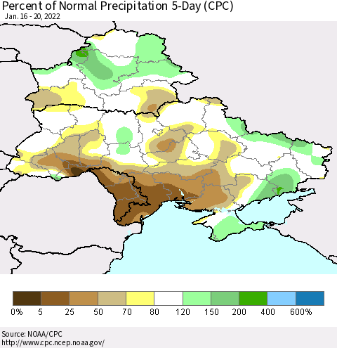 Ukraine, Moldova and Belarus Percent of Normal Precipitation 5-Day (CPC) Thematic Map For 1/16/2022 - 1/20/2022