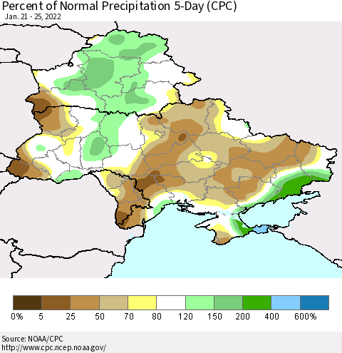 Ukraine, Moldova and Belarus Percent of Normal Precipitation 5-Day (CPC) Thematic Map For 1/21/2022 - 1/25/2022