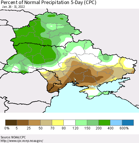 Ukraine, Moldova and Belarus Percent of Normal Precipitation 5-Day (CPC) Thematic Map For 1/26/2022 - 1/31/2022