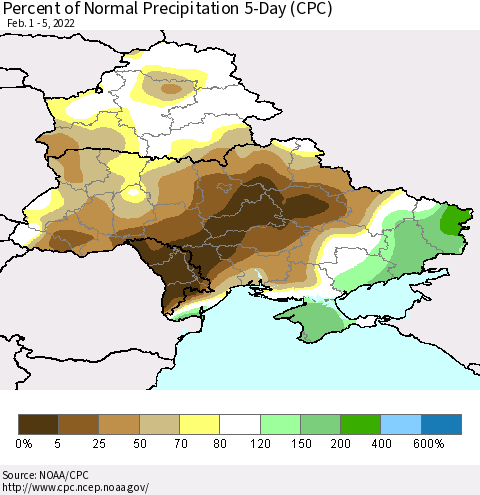Ukraine, Moldova and Belarus Percent of Normal Precipitation 5-Day (CPC) Thematic Map For 2/1/2022 - 2/5/2022