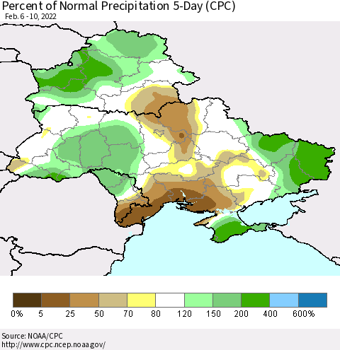 Ukraine, Moldova and Belarus Percent of Normal Precipitation 5-Day (CPC) Thematic Map For 2/6/2022 - 2/10/2022