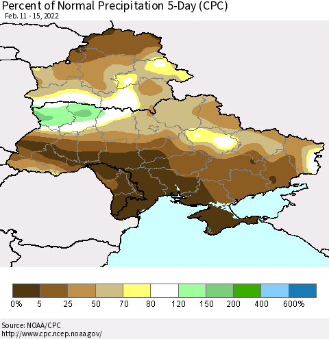 Ukraine, Moldova and Belarus Percent of Normal Precipitation 5-Day (CPC) Thematic Map For 2/11/2022 - 2/15/2022