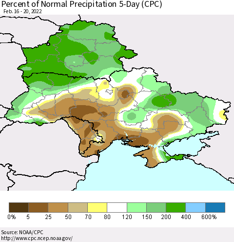 Ukraine, Moldova and Belarus Percent of Normal Precipitation 5-Day (CPC) Thematic Map For 2/16/2022 - 2/20/2022