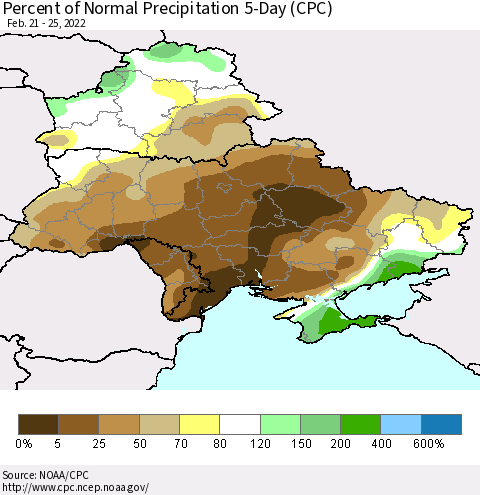 Ukraine, Moldova and Belarus Percent of Normal Precipitation 5-Day (CPC) Thematic Map For 2/21/2022 - 2/25/2022