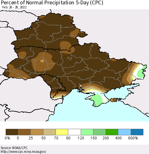 Ukraine, Moldova and Belarus Percent of Normal Precipitation 5-Day (CPC) Thematic Map For 2/26/2022 - 2/28/2022