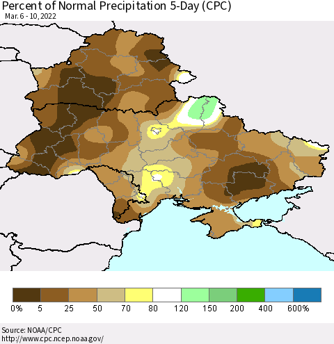 Ukraine, Moldova and Belarus Percent of Normal Precipitation 5-Day (CPC) Thematic Map For 3/6/2022 - 3/10/2022