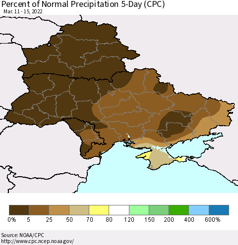 Ukraine, Moldova and Belarus Percent of Normal Precipitation 5-Day (CPC) Thematic Map For 3/11/2022 - 3/15/2022