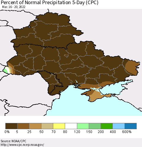 Ukraine, Moldova and Belarus Percent of Normal Precipitation 5-Day (CPC) Thematic Map For 3/16/2022 - 3/20/2022
