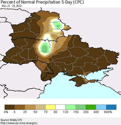Ukraine, Moldova and Belarus Percent of Normal Precipitation 5-Day (CPC) Thematic Map For 3/21/2022 - 3/25/2022