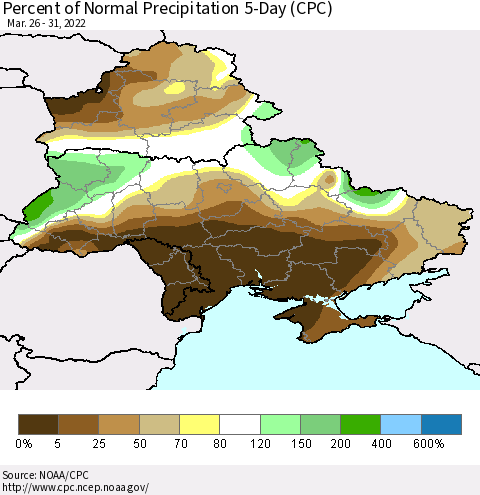Ukraine, Moldova and Belarus Percent of Normal Precipitation 5-Day (CPC) Thematic Map For 3/26/2022 - 3/31/2022