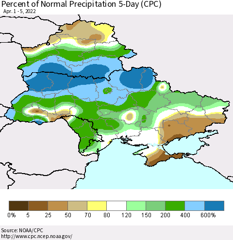 Ukraine, Moldova and Belarus Percent of Normal Precipitation 5-Day (CPC) Thematic Map For 4/1/2022 - 4/5/2022