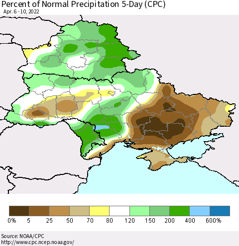 Ukraine, Moldova and Belarus Percent of Normal Precipitation 5-Day (CPC) Thematic Map For 4/6/2022 - 4/10/2022