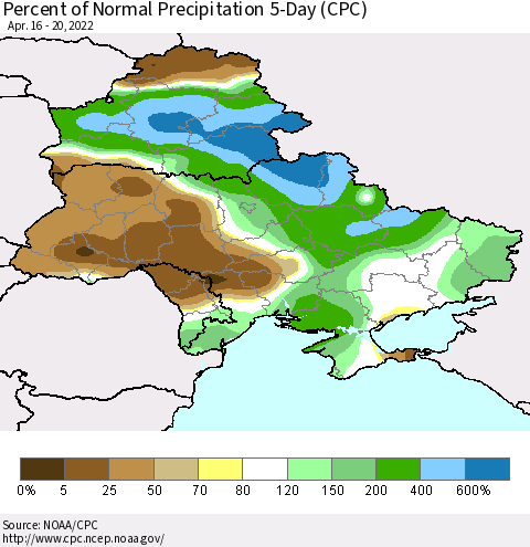 Ukraine, Moldova and Belarus Percent of Normal Precipitation 5-Day (CPC) Thematic Map For 4/16/2022 - 4/20/2022