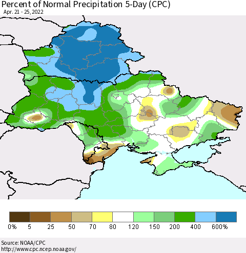 Ukraine, Moldova and Belarus Percent of Normal Precipitation 5-Day (CPC) Thematic Map For 4/21/2022 - 4/25/2022