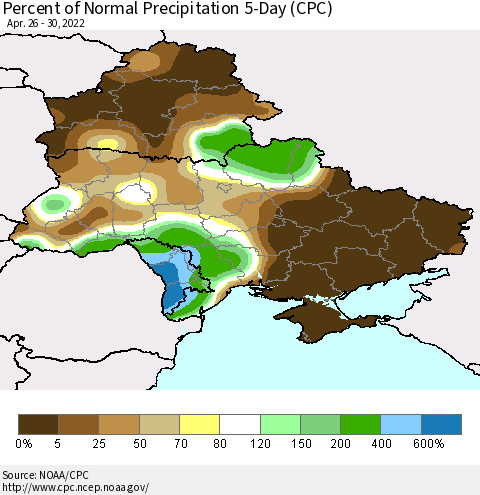 Ukraine, Moldova and Belarus Percent of Normal Precipitation 5-Day (CPC) Thematic Map For 4/26/2022 - 4/30/2022
