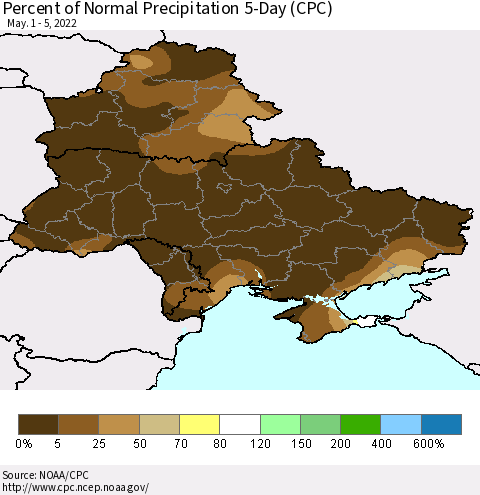 Ukraine, Moldova and Belarus Percent of Normal Precipitation 5-Day (CPC) Thematic Map For 5/1/2022 - 5/5/2022