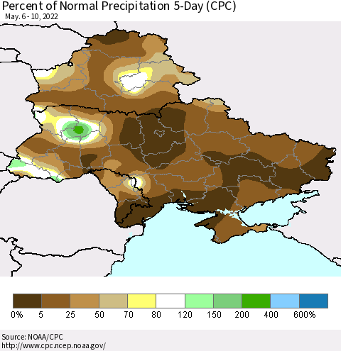 Ukraine, Moldova and Belarus Percent of Normal Precipitation 5-Day (CPC) Thematic Map For 5/6/2022 - 5/10/2022