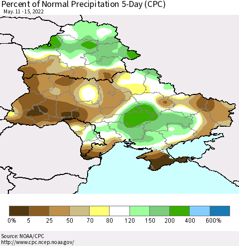 Ukraine, Moldova and Belarus Percent of Normal Precipitation 5-Day (CPC) Thematic Map For 5/11/2022 - 5/15/2022