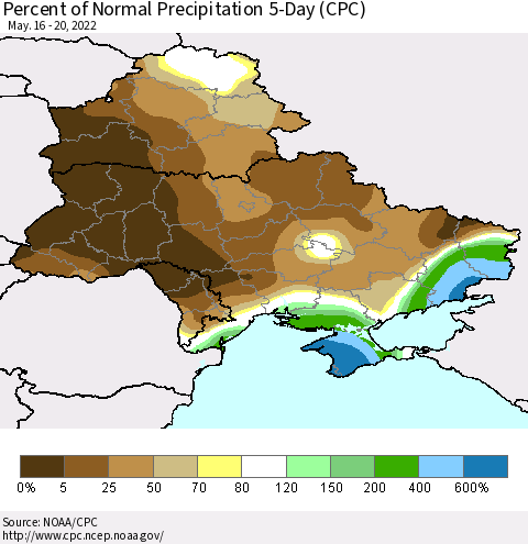 Ukraine, Moldova and Belarus Percent of Normal Precipitation 5-Day (CPC) Thematic Map For 5/16/2022 - 5/20/2022