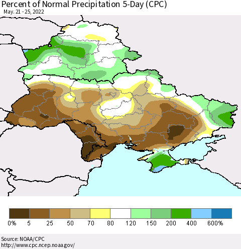 Ukraine, Moldova and Belarus Percent of Normal Precipitation 5-Day (CPC) Thematic Map For 5/21/2022 - 5/25/2022