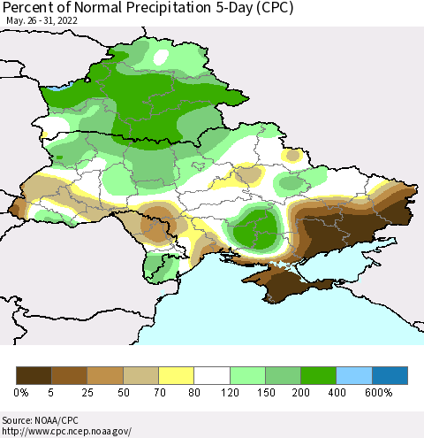 Ukraine, Moldova and Belarus Percent of Normal Precipitation 5-Day (CPC) Thematic Map For 5/26/2022 - 5/31/2022