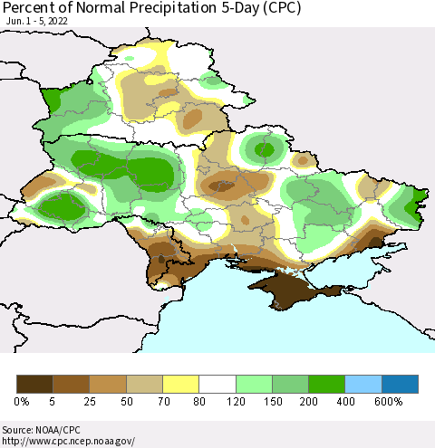 Ukraine, Moldova and Belarus Percent of Normal Precipitation 5-Day (CPC) Thematic Map For 6/1/2022 - 6/5/2022