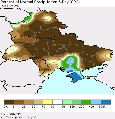 Ukraine, Moldova and Belarus Percent of Normal Precipitation 5-Day (CPC) Thematic Map For 6/6/2022 - 6/10/2022