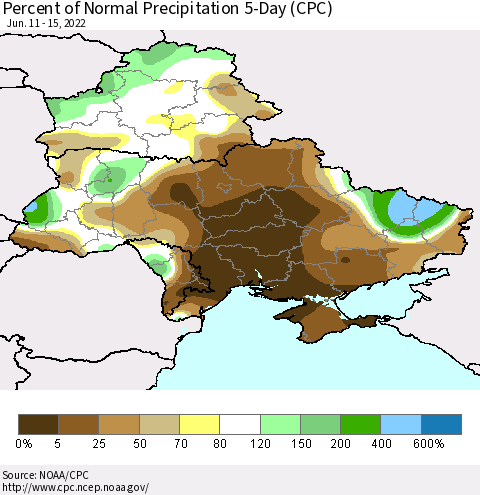 Ukraine, Moldova and Belarus Percent of Normal Precipitation 5-Day (CPC) Thematic Map For 6/11/2022 - 6/15/2022