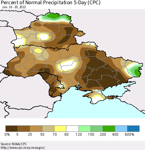 Ukraine, Moldova and Belarus Percent of Normal Precipitation 5-Day (CPC) Thematic Map For 6/16/2022 - 6/20/2022