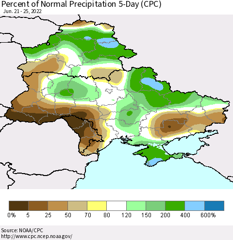 Ukraine, Moldova and Belarus Percent of Normal Precipitation 5-Day (CPC) Thematic Map For 6/21/2022 - 6/25/2022