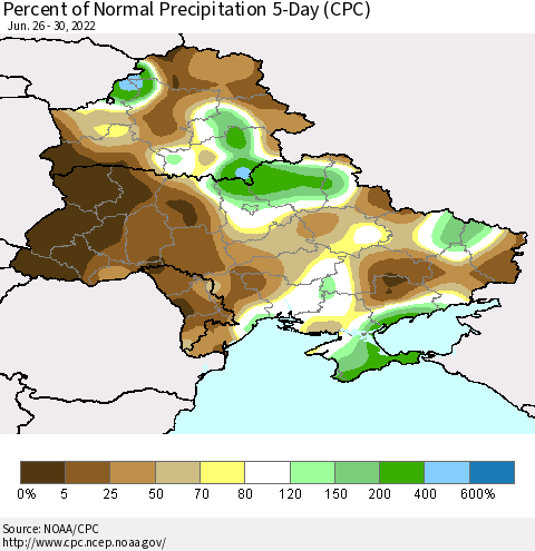 Ukraine, Moldova and Belarus Percent of Normal Precipitation 5-Day (CPC) Thematic Map For 6/26/2022 - 6/30/2022