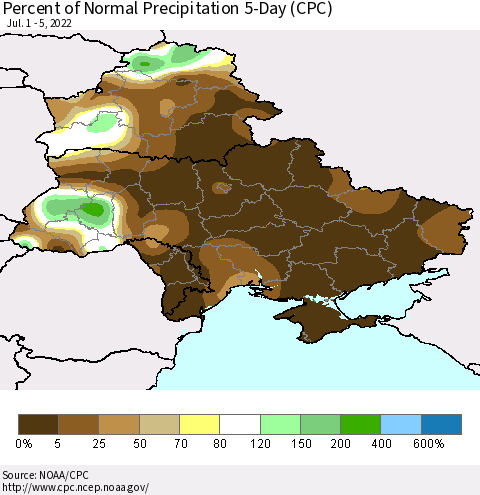 Ukraine, Moldova and Belarus Percent of Normal Precipitation 5-Day (CPC) Thematic Map For 7/1/2022 - 7/5/2022