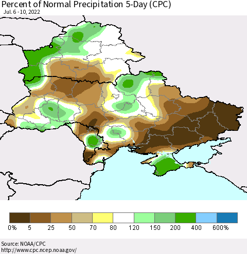 Ukraine, Moldova and Belarus Percent of Normal Precipitation 5-Day (CPC) Thematic Map For 7/6/2022 - 7/10/2022