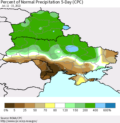 Ukraine, Moldova and Belarus Percent of Normal Precipitation 5-Day (CPC) Thematic Map For 7/11/2022 - 7/15/2022