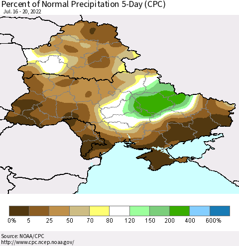 Ukraine, Moldova and Belarus Percent of Normal Precipitation 5-Day (CPC) Thematic Map For 7/16/2022 - 7/20/2022
