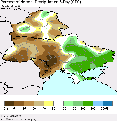 Ukraine, Moldova and Belarus Percent of Normal Precipitation 5-Day (CPC) Thematic Map For 7/21/2022 - 7/25/2022