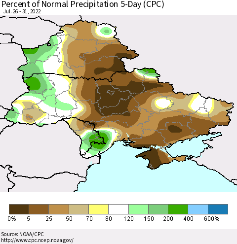 Ukraine, Moldova and Belarus Percent of Normal Precipitation 5-Day (CPC) Thematic Map For 7/26/2022 - 7/31/2022