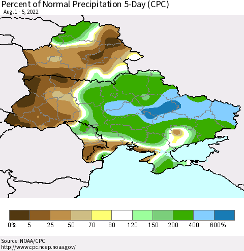 Ukraine, Moldova and Belarus Percent of Normal Precipitation 5-Day (CPC) Thematic Map For 8/1/2022 - 8/5/2022